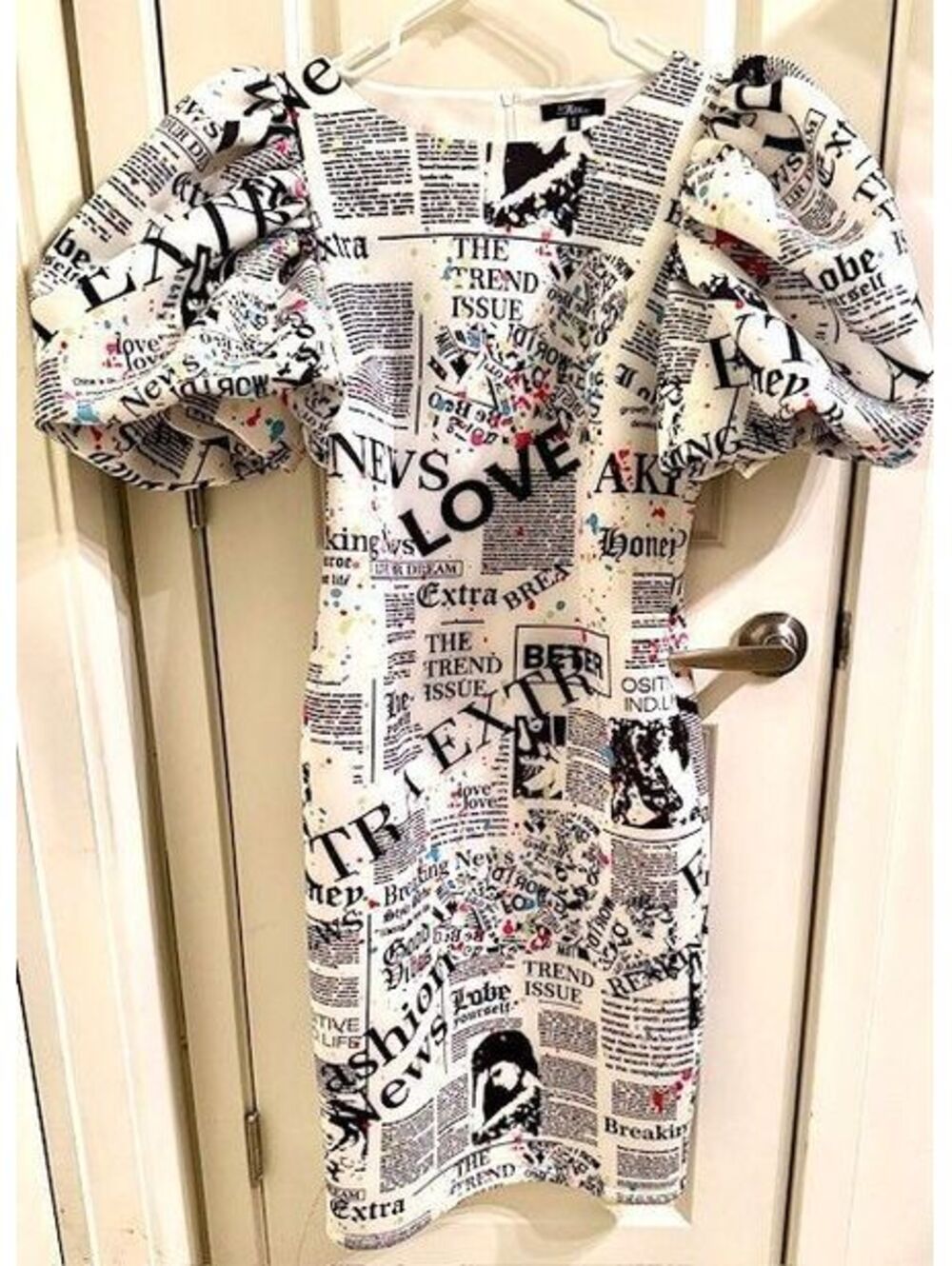 For Her NY - News Paper Print ,Puff Sleeve A-Line Dress